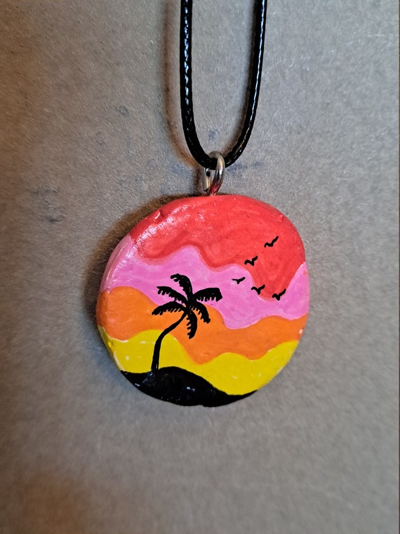 Hand Painted Sunset Pendant: Polymer Clay Necklace, USA Made