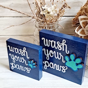 Wash Your Paws Wooden Bathroom Sign: Pet Lover Gift Navy/White 5"