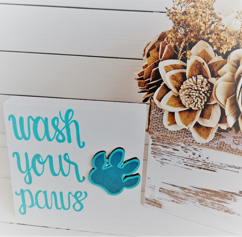 Wash Your Paws Wooden Bathroom Sign: Pet Lover Gift White/Turquoise 5"