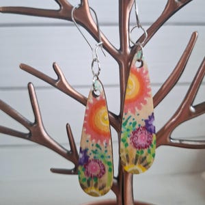 Floral Dangle Earrings, Boho Earrings, Hand Painted Wooden Earrings, Teardrop Earrings