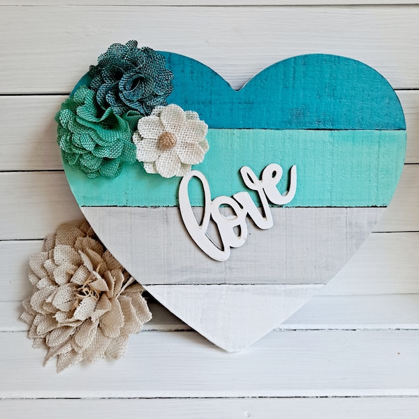 Heart Shaped Pallet, Love Burlap Flower Pallet in Aqua-Mint, Teal, Gray and White, Gift for Her, Valentine's Day Decor, Anniversary Gift,