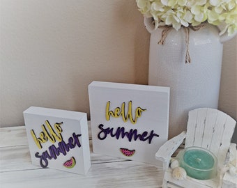 Hello Summer Sign: Hand Painted Tiered Tray Decor