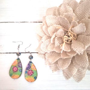 Flower Garden Earrings, Hand Painted Wood Earrings, Teardrop Earrings, Boho Earrings