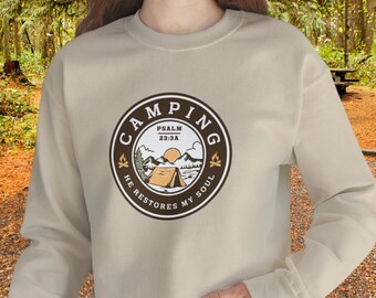 Sweat de camping inspirant, sweat Christian Camper, design minimaliste, sweat ras du cou confortable, Psaume 23 : il restaure mon âme