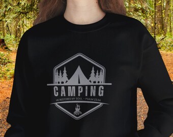 Inspirational Camping Sweatshirt, Christian Camper Sweatshirt, Minimalist Design, Comfy Crewneck Sweatshirt, Psalm 23: He Restores My Soul