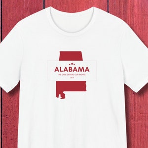 T-shirt carte de l'État de l'Alabama, t-shirt graphique unisexe à col rond, devise de l'État de Yellowhammer : nous osons défendre nos droits, design minimaliste