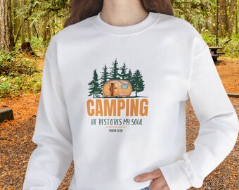 Inspirational Camping Sweatshirt, Christian Camper Sweatshirt, Minimalist Design, Comfy Crewneck Sweatshirt, Psalm 23: He Restores My Soul