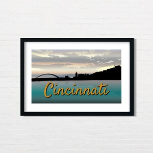 Impressão artística do horizonte de Cincinnati Ohio River, paisagem urbana, ponte, Mount Adams, Kentucky, download digital, 1 alta resolução 300 DPI JPG, 1 PDF, proporção 3x2