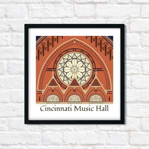 May include: A vintage-style illustration of the Cincinnati Music Hall, featuring a large, ornate stained glass window with a red brick facade.