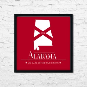 Alabama druckbare Kunst, minimalistisches rot, weißes Design enthält Staatsflagge, Karte & Motto