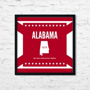 Alabama druckbare Kunst, minimalistische Staatsflagge & Kartendesign mit moderner Sans Serif Schriftart