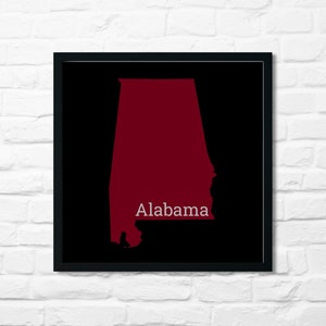 Alabama minimalistische Karte - druckbare Kunst in dunkelrot, schwarz & silber - sofortiger digitaler Download