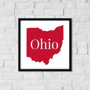 Arte imprimible de Ohio, blanco, rojo, tipografía, fuente Serif, minimalismo, forma de estado, 1 JPG de alta resolución, 1 PDF