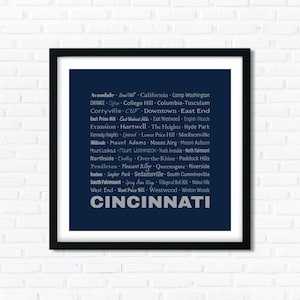 Cincinnati Neighborhoods Typography Printable Art, Digital Download, Minimalism, Ohio, Silver, Blue, 1 Hi Res JPG, 1 PDF