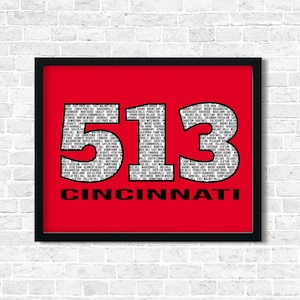 Impressão de arte digital de bairros de Cincinnati, vermelho, preto e branco, código de área Ohio 513: download instantâneo
