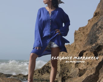 Embroidered Moroccan Tunic Dress: Royal Blue Boho Resort Wear