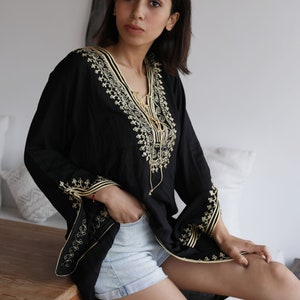 Summer Spring Black Tunic Dress with Gold Embroidery Marrakech Boho Tunic - resortwear, boho fashion, Moroccan tunic, christmas gifts