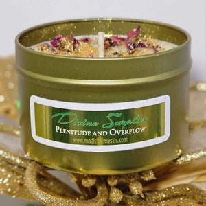 May include: An olive green candle tin with a white label. The label reads "Divine Surplus" and "Plenitude and Overflow." The candle wax is decorated with dried rose petals and gold glitter. The website www.magicalmystic.com is also visible.