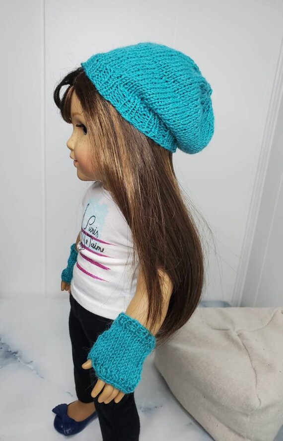 18 inch doll slouchy hat and fingerless gloves, teal hand knit 18 inch doll hat, 18 inch doll accessories, 18 inch doll fingerless gloves