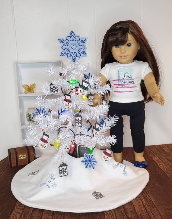 18 inch doll Christmas Tree, 18 inch Doll Accessories, 18 inch Doll Gifts, Mini Tree with Ornaments/Lights/Tree Skirt, Snowmen and Lanterns