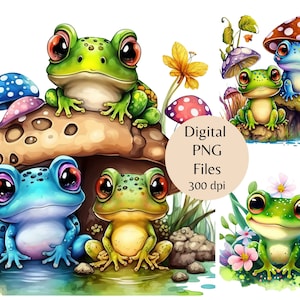 Pacote de sapo PNG, clipart infantil, almofada de lírio, sapos fofos, clipart floral aquarela fofo, clipart Cottagcore, sapo digital, arte de sapo e cogumelo