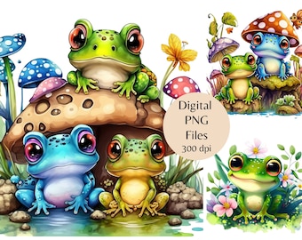Cute Frog Watercolor Clipart Bundle, Cottagecore Frog, Mushroom Art (Digital PNG)