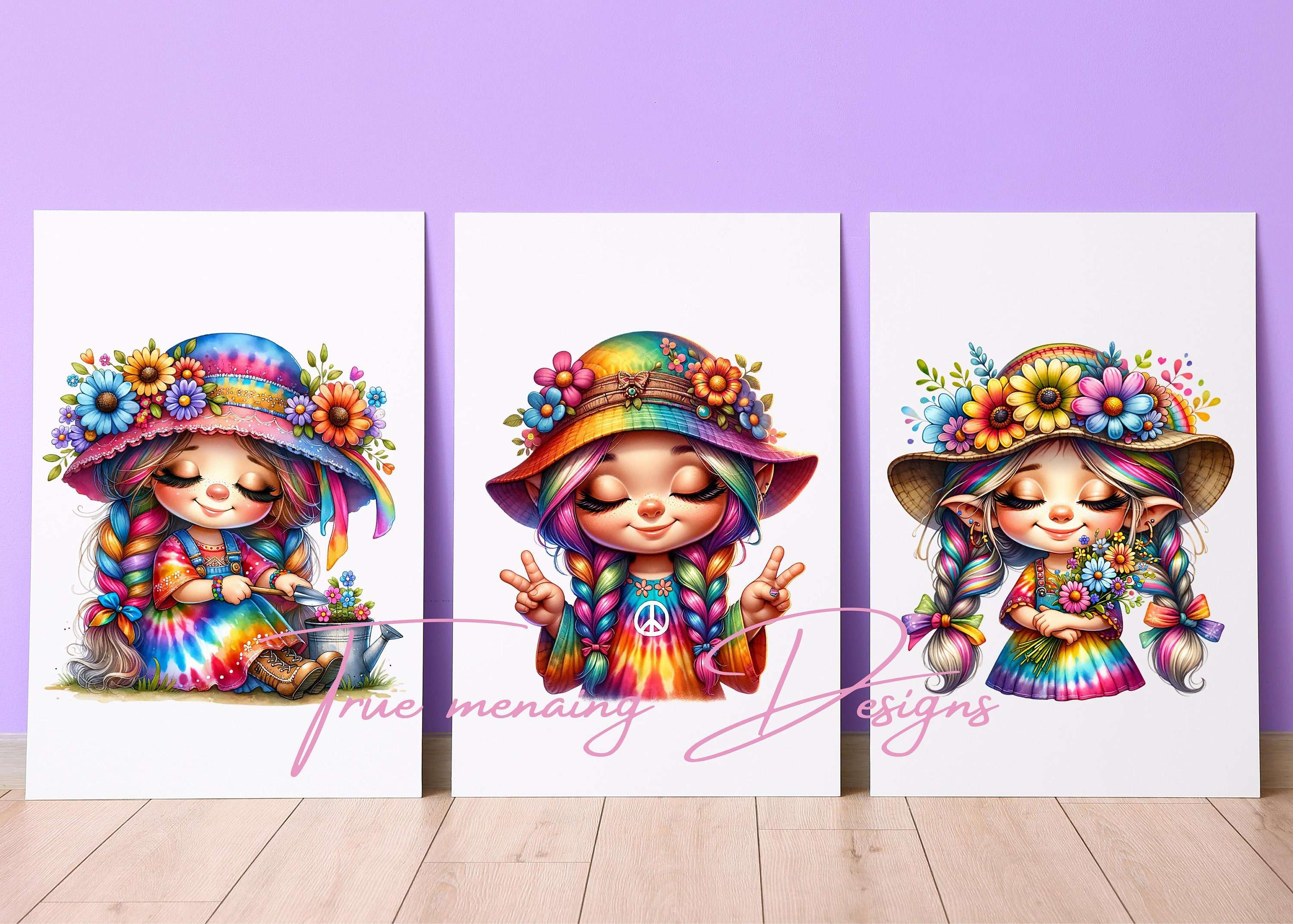 Whimsy Hippy Hippie Girl Bundle PNG, Unique Hippie Gnome Graphics, Whimsical Hippie ...