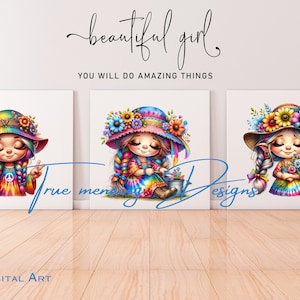 Paquete de chica hippie PNG, gráficos únicos de gnomos hippies, arte caprichoso de gnomos hippies para manualidades, clip art del símbolo de la paz, arte mural de chica hippie adorable