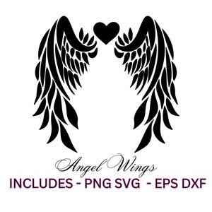 天使の羽 SVG、デジタルダウンロード、羽 PNG、透明ベクタークリップアート、ハート付きメモリアルウィング、愛を込めて、商用利用可