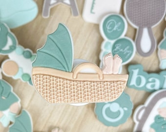 Minimalist Baby Boho Moses Basket Cookie Cutter & Embosser Stamp Set for Baby Shower