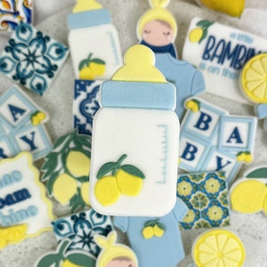 Puede incluir: Una colección de galletas con temática de bebé y tema de limón. Las galletas incluyen biberones, monos de bebé, bloques de bebé que deletrean "BABY" y un sonajero. Las galletas están decoradas con glaseado azul, amarillo y blanco.