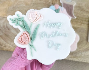 Happy Mothersday Banner Floral Cookie Embosser Cookie Stamp with Cutter