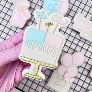 Könnte beinhalten: Ein Set aus neun Gender-Reveal-Keksen, verziert mit rosa und blauem Zuckerguss. Die Kekse zeigen einen Kuchen, Ballons, ein Baby-Outfit und die Sätze "Boy or Girl?", "It's a Girl" und "Baby Girl".