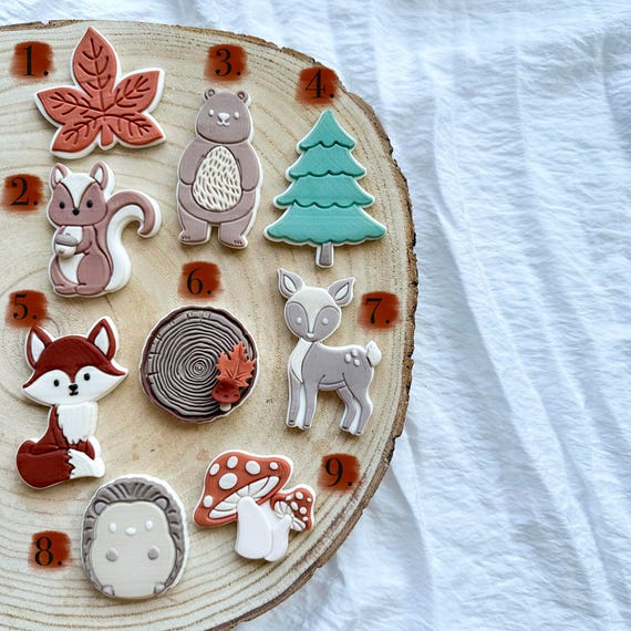 Woodland Cookie Cutters + Embosser Stamp – Waldtiere & Herbst Fondant Stamp Set (9-teilig)