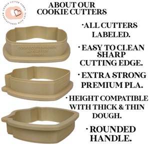May include: Three beige plastic cookie cutters with rounded handles and sharp edges. Text on the image reads: ABOUT OUR COOKIE CUTTERS, ALL CUTTERS LABELED, EASY TO CLEAN SHARP CUTTING EDGE, EXTRA STRONG PREMIUM PLA, HEIGHT COMPATIBLE WITH THICK & THIN DOUGH, ROUNDED HANDLE.