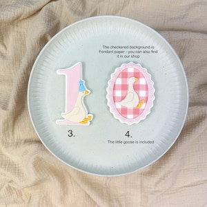 May include: A light pink number one and a white goose with a blue party hat are on a white plate. A second goose image is inside a pink oval with a checkered background. The text says, "The little goose is included."