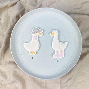 May include: Two white duck-shaped embellishments on a light blue plate. One duck wears a gray hat with a blue flower and a pink bow. The other duck wears pink rain boots with white stars.