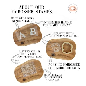 May include: Food grade acrylic embosser stamps featuring integrated handles for removal. The set includes letter stamps A and B, a lion-shaped stamp with a matching cutter, and a monstera leaf pattern stamp. Text includes ABOUT OUR EMBOSSER STAMPS.