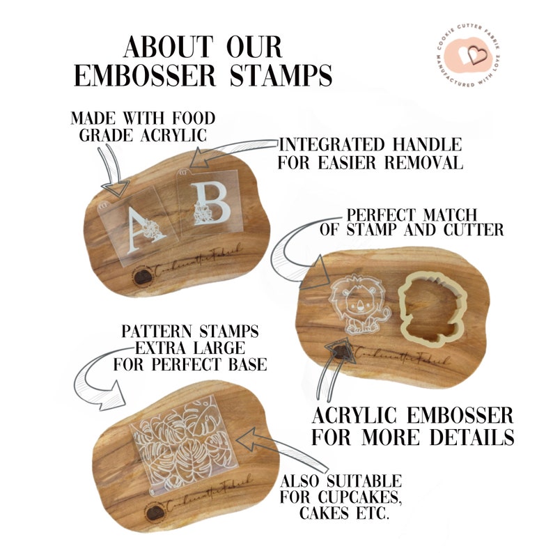 May include: Food grade acrylic embosser stamps featuring integrated handles for removal. The set includes letter stamps A and B, a lion-shaped stamp with a matching cutter, and a monstera leaf pattern stamp. Text includes ABOUT OUR EMBOSSER STAMPS.