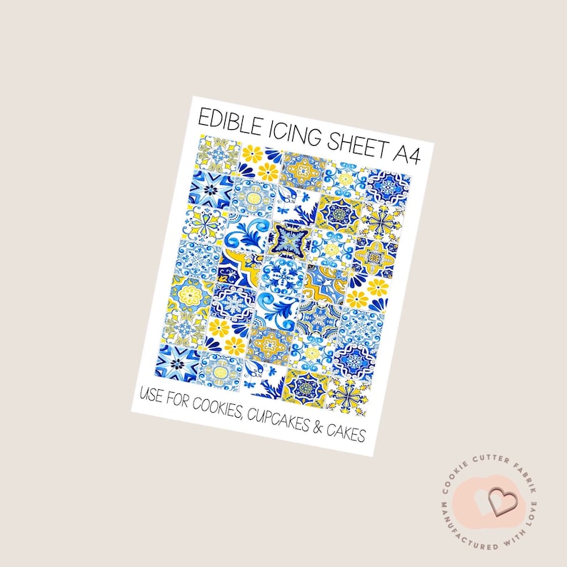 May include: Edible icing sheet with a blue and yellow tile pattern. The sheet is labeled "Edible Icing Sheet A4" and "Use for cookies, cupcakes & cakes".