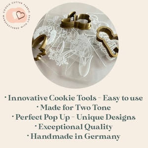 May include: A collection of gold-colored cookie cutters in various Easter-themed shapes, including bunnies and flowers, are displayed on a clear plastic sheet. The image also includes text that reads "Innovative Cookie Tools - Easy to use" and "Handmade in Germany."