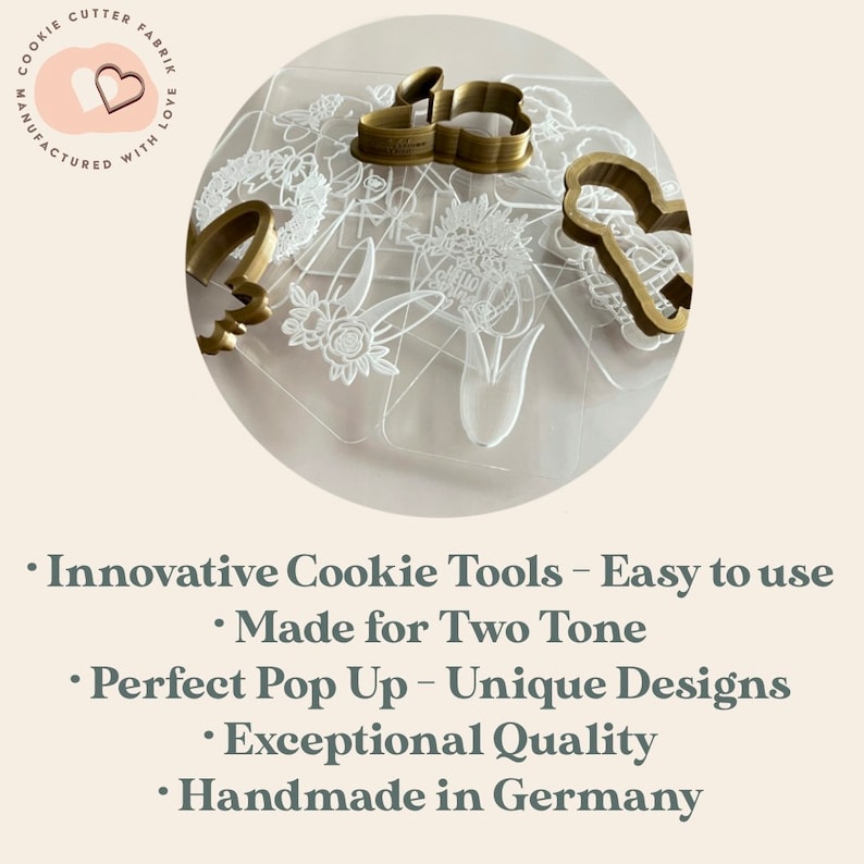 May include: A collection of gold-colored cookie cutters in various Easter-themed shapes, including bunnies and flowers, are displayed on a clear plastic sheet. The image also includes text that reads "Innovative Cookie Tools - Easy to use" and "Handmade in Germany."