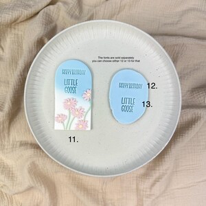 May include: Two light blue fondant cutouts with the text "HAPPY BIRTHDAY LITTLE GOOSE". One cutout features pink flower details. The fonts are sold separately. The cutouts are on a white plate.