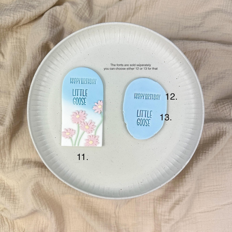 May include: Two light blue fondant cutouts with the text "HAPPY BIRTHDAY LITTLE GOOSE". One cutout features pink flower details. The fonts are sold separately. The cutouts are on a white plate.