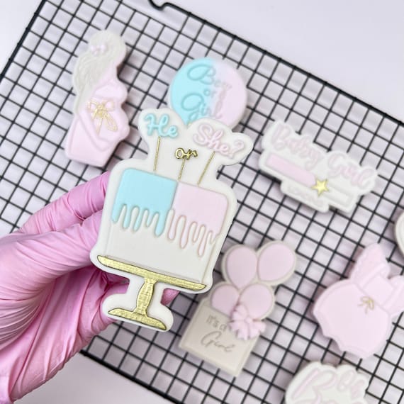 He or She Cake Render Reveal  Baby Shower Embosser Stamp Cookie Cutter Fondant - sugarcraft