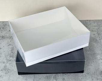 Cajas de regalo con tapa transparente – 5 unidades, 25x20x7 cm | Negras o blancas, perfectas para galletas y bombones