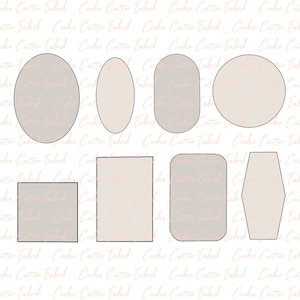 Könnte beinhalten: Satz mit acht Ausstechern in verschiedenen Formen, darunter ein Kreis, ein Oval, ein Rechteck, ein Quadrat und zwei verschiedene Formen mit abgerundeten Kanten. Die Ausstecher sind aus Metall und haben eine silberne Oberfläche.