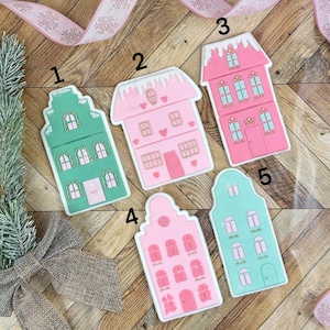 Set di villaggio natalizio con timbro per biscotti in rilievo e tagliabiscotti, stencil per biscotti di zucchero