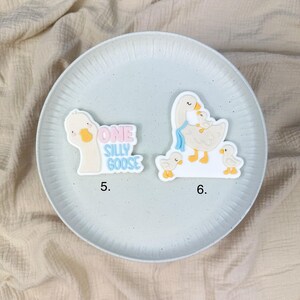 May include: Two whimsical goose-themed embellishments on a light blue plate. One says "ONE SILLY GOOSE" in pink and blue. The other shows a mother goose with two goslings. The plate sits on a beige fabric background.