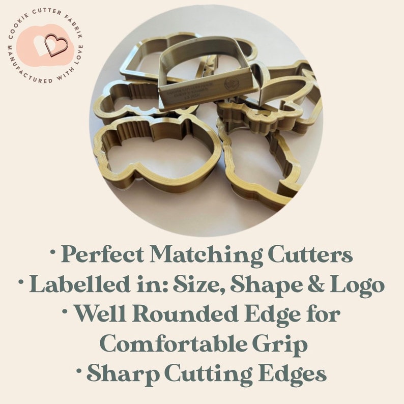 May include: A set of six cookie cutters in various shapes, including a heart, a star, a flower, and a crescent moon. The cutters are made of a light brown plastic and have a smooth, rounded edge. The cutters are labeled with their size and shape.